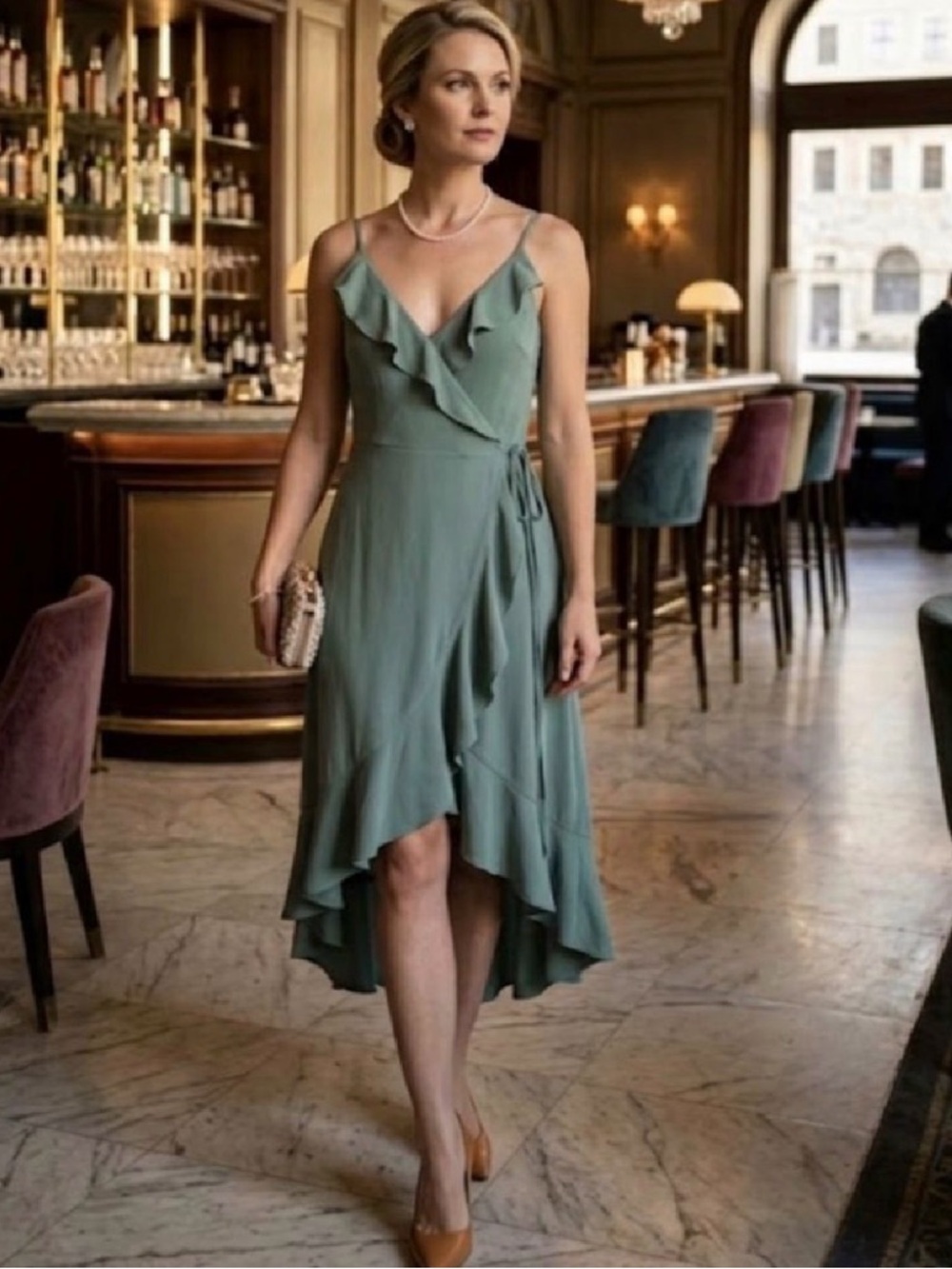 Bar III Teal High-Low Ruffle Wrap Dress